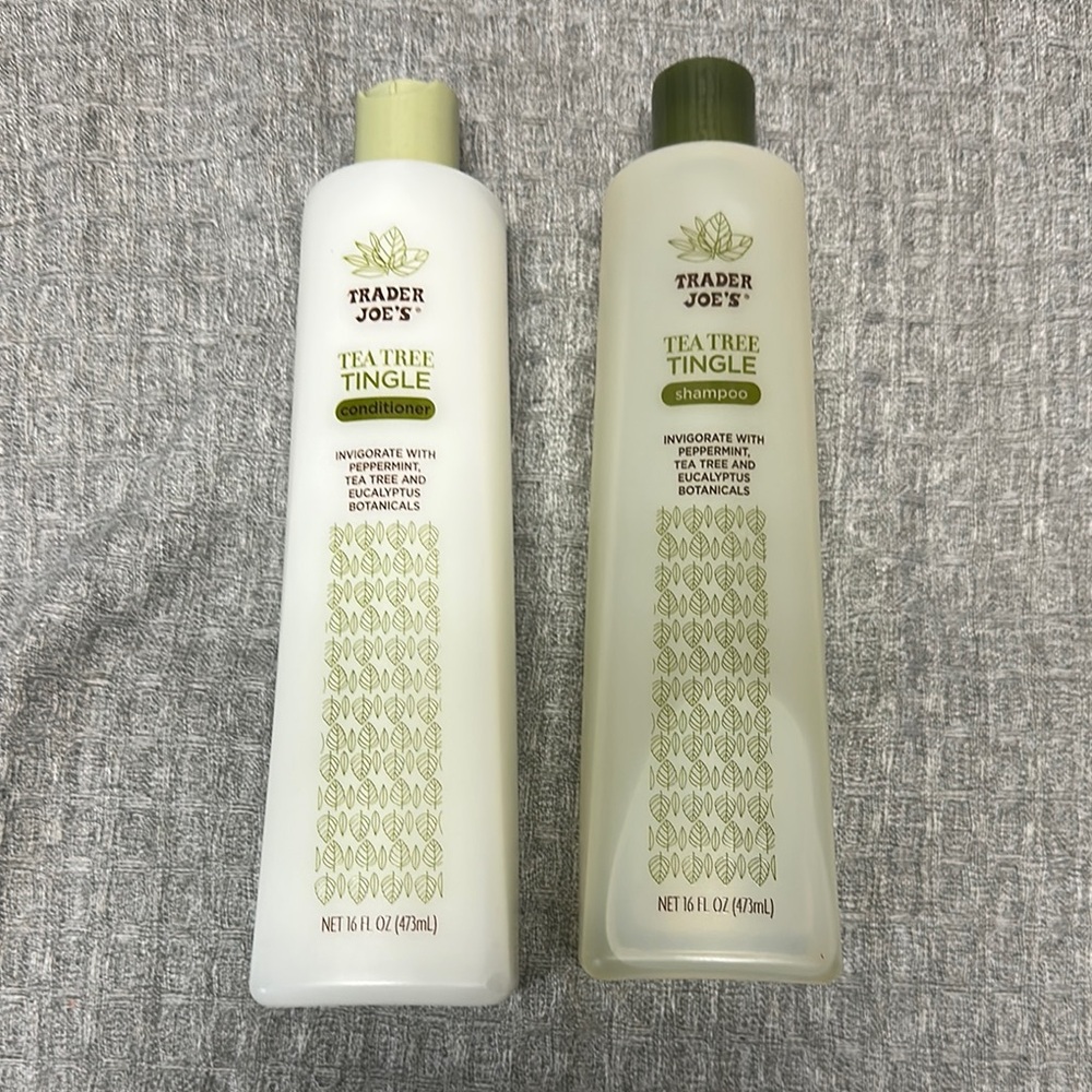 Trader Joe’s, tea tree tingle shampoo, and conditioner bundle